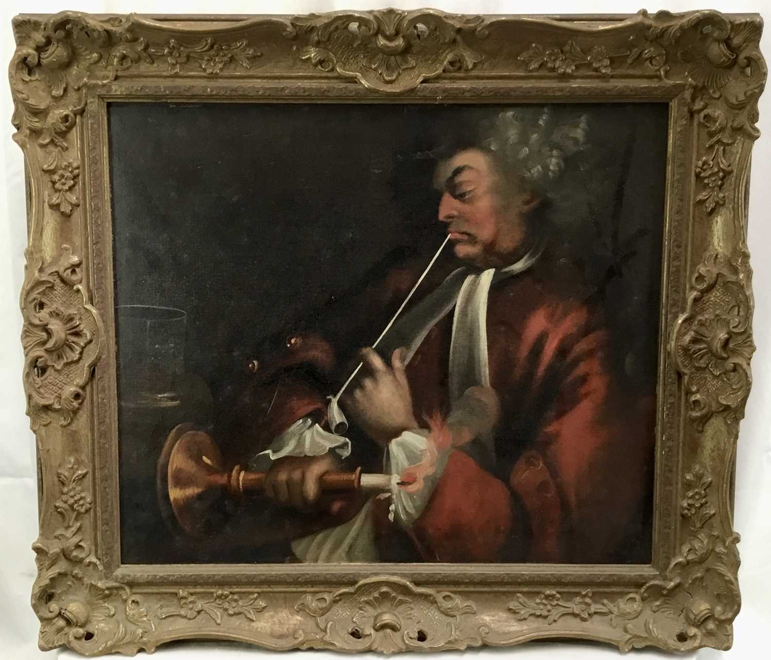 Lot 37 - English School late 18th century oil on canvas - the pipe smoker, 49cm x 42cm, framed