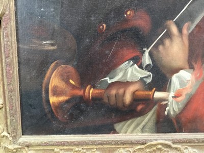 Lot 37 - English School late 18th century oil on canvas - the pipe smoker, 49cm x 42cm, framed