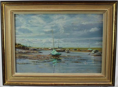Lot 1101 - *Margaret Glass (b.1950) pastel, boats at low tide