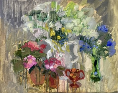 Lot 134 - Annelise Firth (b.1961) oil on board - ‘Spring still life with camellia bluebells and cow parsley’ signed and dated 2022