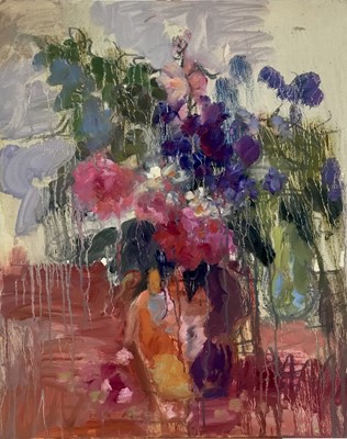 Lot 143 - Annelise Firth (b.1961) oil on board - ‘Still life with camelias’, signed and dated 2022 verso, 40cm x 50cm