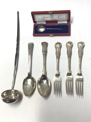 Lot 232 - Three silver King's pattern forks, together with a silver King's pattern table spoon, a silver toddy ladle and other silver flatware (various dates and makers), all at 19oz