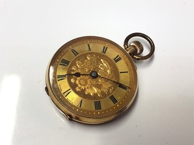 Lot 245 - Late 19th century Continental 9k gold fob watch in engraved case, 3.4cm in diameter