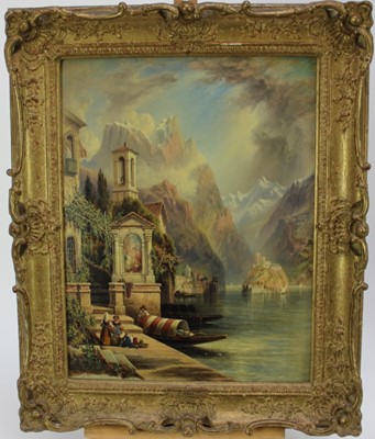 Lot 1149 - J Bell, 19th century, oil on board - Brissago, Lake Maggiore, signed and inscribed, 41cm x 31cm, in gilt frame