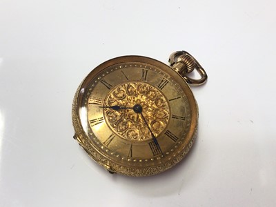 Lot 257 - Late 19th century Continental 18k gold fob watch in engraved case, 3.5cm in diameter