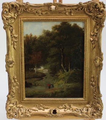 Lot 1038 - Follower of Corot, oil on panel, figures fishing in a landscape