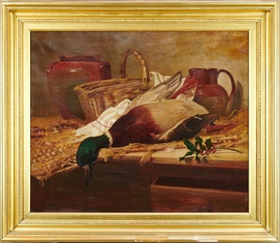 Lot 1025 - Fred Marston oil on canvas, still life with mallard and holly.