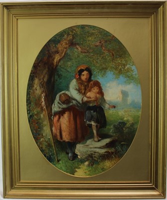 Lot 1009 - English School, mid 19th Century, oil on painted oval canvas, A shepherdess and her daughter, initialled W.P., in gilt frame. 48 x 37cm