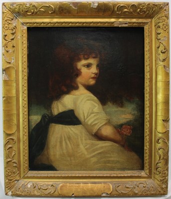 Lot 1105 - Manner of John Hoppner (1758 - 1810), oil on canvas, An early 19th century portrait of a child seated in a landscape, in period gilt frame. 52 x 42cm.