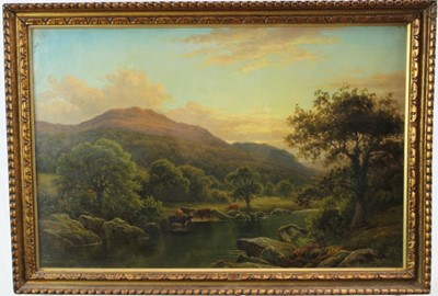 Lot 1007 - Thomas Spinks (1847 - 1927), oil on 
canvas, A hilly river landscape with cattle watering in the foreground, signed, in gilt frame. 38 x 58cm.