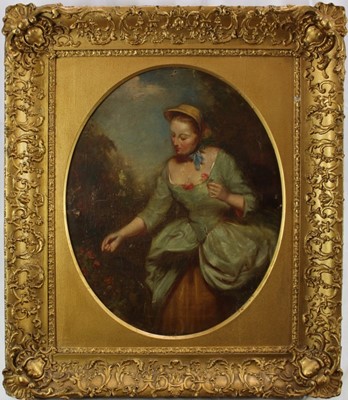 Lot 1079 - English School circa 1800, oval oil on canvas, an elegant young lady picking flowers in a 
garden, in period gilt frame. 52 x 42cm.