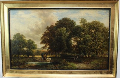 Lot 1010 - David Payne (1843 - 1891), oil on canvas, 
An extensive wooded landscape with a two horse drawn carriage 
fording a stream and figures on a bridge nearby, signed 
in gilt frame. 39 x 55cm.