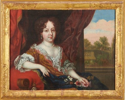 Lot 1335 - Attributed to Henri Gascars (1635 - 1701), oil on relined canvas, lady seated by a window in a lavish interior, 
in gilt frame. 39 x 51cm.
