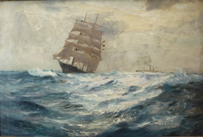 Lot 1012 - Arthur Burgess (1879 - 1957), oil on canvas, 
An extensive seascape with a three masted barque, 
signed, in gilt frame. 50 x 76cm.