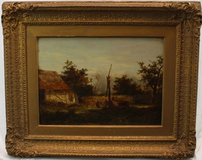 Lot 1078 - Joseph Thors (f.l. 1863 - 1900), oil on oak 
panel, a country scene with a woman and chickens by a well, in original gilt frame. 24 x 33cm.