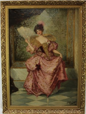 Lot 1081 - Continental School 19th Century 
Oil on canvas, an elegant lady in a lavish interior wearing a ball gown and holding 
an ostrich feather fan, indistinctly signed, in gilt frame. 
63 x 44cm.