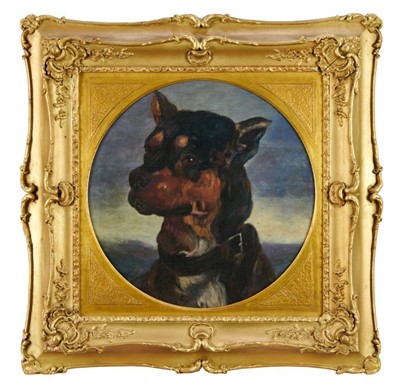 Lot 1004 - English School 19th Century, oil on board, Manchester terrier in circular gilt frame. 
36cm diameter.