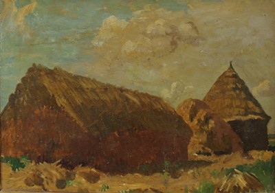 Lot 1003 - *Gerald Gardiner (1902 - 1959), oil on canvas, A landscape with haystacks, signed and dated 1931, 
in gilt frame. 25 x 35cm.