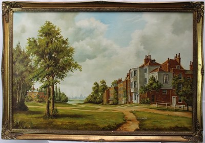 Lot 1080 - Steven Scholes born 1952, oil on 
canvas, view from the South Bank with St. Pauls in the distance, signed, in gilt frame. 60 x 90cm.
