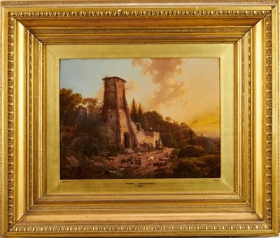 Lot 1002 - Eugene Verboeckhoven (1798 - 1881), oil on panel, Figures and Animals near tower ruins, signed, in 
gilt frame. 33 x 43cm.