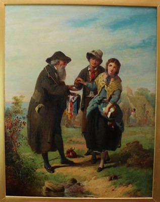Lot 1006 - William Perry   (f.l. 1861 - 1913), oil on canvas, A young couple buying ribbons from an old seller, 
signed, in gilt frame. 88 x 68cm.