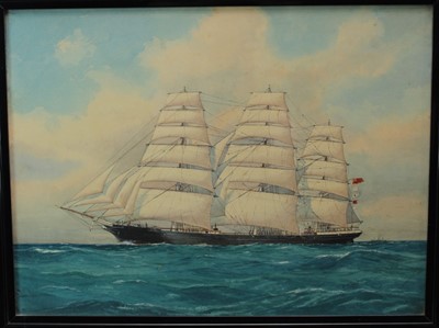Lot 1083 - E.P. Jones 
The Thirlmere, watercolours, a three masted iron ship under full sail, 
signed, in black frame. 37 x 49c.