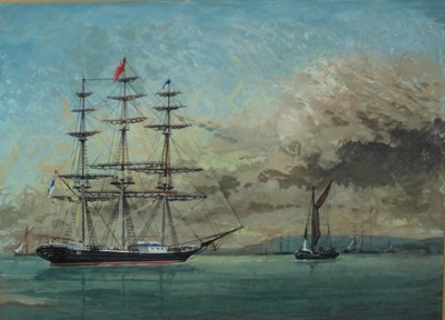 Lot 1085 - English School 19th Century, watercolours, A three masted ship at anchor off the coast, in maple 
frame. 28 x 38cm.
