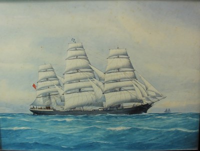 Lot 1084 - E.P. Jones, watercolours, The Manx King, a three masted iron ship under full sail, signed, in black frame. 37 x 49cm.                                  
The Manx King was built by Richardson Duck &...