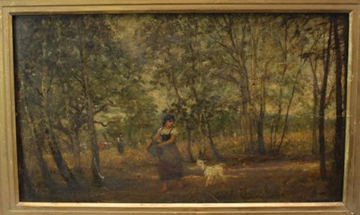 Lot 1011 - Albert Ludovici (1820 - 1894), oil on board, A peasant girl and a goat walking in woodland,  
monogrammed and dated 1879, in gilt frame. 27 x 47cm.