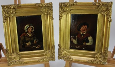 Lot 1076 - Scottish School 19th Century, pair of oils on panel, "Scotch Drinking Heads", a man and a woman smoking and  
drinking