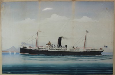Lot 1082 - Attributed to Antonio De Simone (1851 - 1907), gouache, R.M.S. Omrah off Naples with Vesuvius smoking in the background, in maple frame, inscribed. 41 x 62cm.