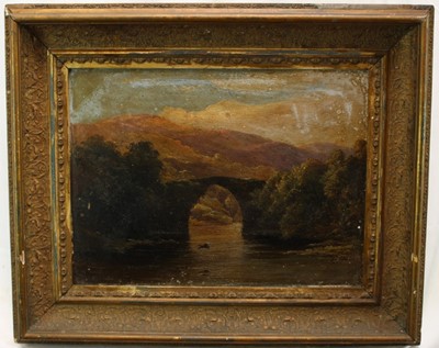 Lot 1077 - Patrick Vincent Duffy (1836 - 1909), oil on board, Brickeen Bridge Killarney, signed and inscribed, 
a label verso, in gilt frame. 29 x 39cm.