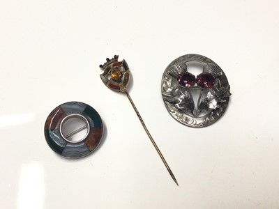 Lot 314 - Victorian Scottish silver gem set brooch depicting thistles, set with pink stones, together with a circular Scottish silver and hardstone brooch, stamped Medlock Inverness and a Victorian Scottish...