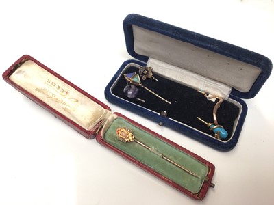 Lot 318 - Group of six antique stick pins to include an Art Nouveau 9ct gold and turquoise snake by Murrle Bennett, one other Victorian snake stick pin with gold snake and turquoise glass cabochon, Victorian...
