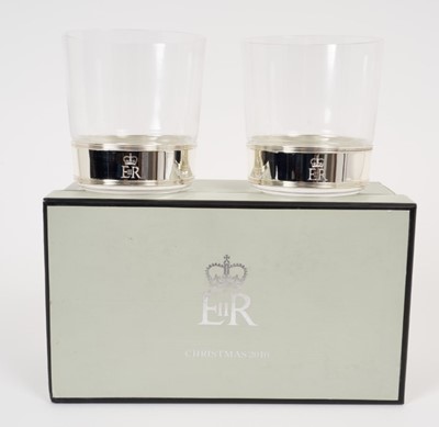 Lot 162 - H.M Queen Elizabeth II 2010 Royal Household Christmas present pair Whiskey glasses with plated collars and crowned ER II ciphers - Christmas 2010