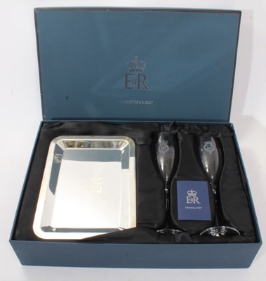 Lot 161 - H.M.Queen Elizabeth II 2007 Royal Household Christmas present Silver plated tray with two champagne glasses with crowned ER II ciphers in box