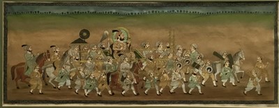 Lot 511 - Indian School, gouache on silk, Royal procession, 26.5cm x 69cm, in glazed gilt frame
