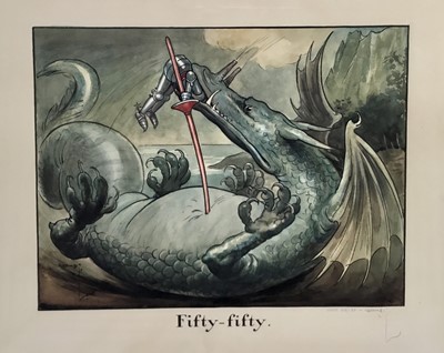 Lot 208 - Charles Crombie, 20th century, watercolour illustration - Fifty-Fifty, signed and dated, in glazed frame, 50cm x 57cm overall