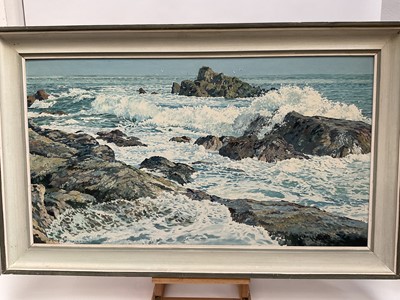 Lot 221 - Donald Greig (1916-2009) oil on board, coastline off St Ives, signed