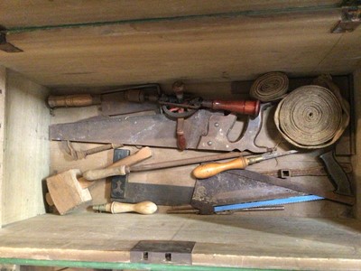 Lot 191 - Old painted pine carpenters tool chest containing various hand tools.