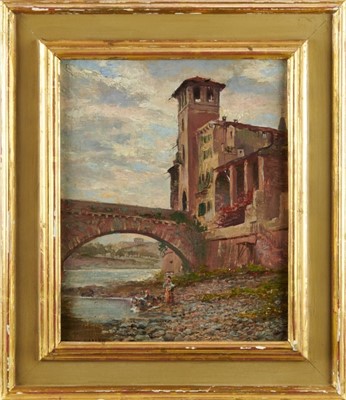 Lot 1075 - Trevor Haddon, oil on canvas laid down onto board, continental landscape, figures beside a bridge