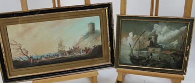 Lot 1131 - Attributed to Claude-Joseph Vernet (1714-1789), bodycolour, A mon-o' war and other shipping off a Mediterranean coastline with elegant figures on the shore.  signed with initials and dated CJV 1752...