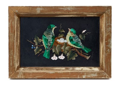 Lot 762 - 19th century Italian pietra-dura panel, rectangular form, inlaid with malachite and other stones with a scene of birds and nest, in gilt frame, 16 x 22cm
