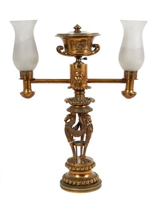 Lot 765 - Good George IV brass twin light Argand oil lamp, now converted