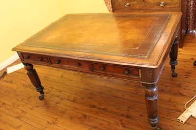 Lot 1201 - Good quality Victorian mahogany partners desk with tooled brown leather top, three drawers each side on turned and faceted legs terminating on large brass casters, maker's stamp W. Priest, 17 & 24...