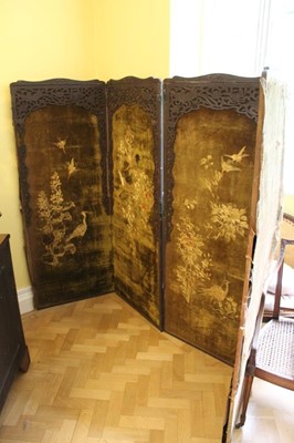 Lot 1208 - Late 19th century Japanese four fold dressing screen with embroidered silk panels depicting herons, birds and foliage on green ground. Approximately 167cm x 260cm