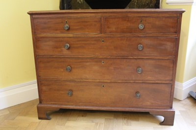 Lot 1209 - 19th century mahogany chest of two short and three long graduated drawers with brass handles and cock beaded edge on bracket feet. 109cm wide x 88cm high x 52cm deep