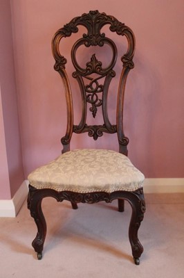 Lot 1216 - Victorian mahogany high back side chair with pierced scroll back, padded seat on cabriole legs