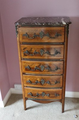 Lot 1220 - 19th century French kingwood veneered narrow chest of five drawers with rouge marble top, parquetry inlaid and crossbanded veneers and cast brass mounts. 121cm high x 62cm wide x 38cm deep