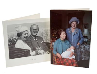 Lot 50 - H.M.Queen Elizabeth II and H.R.H.The Duke of Edinburgh, two signed 1988 and 1989 Christmas cards with twin gilt Royal ciphers to interiors and colour photographs of The Queen and Queen mother with...